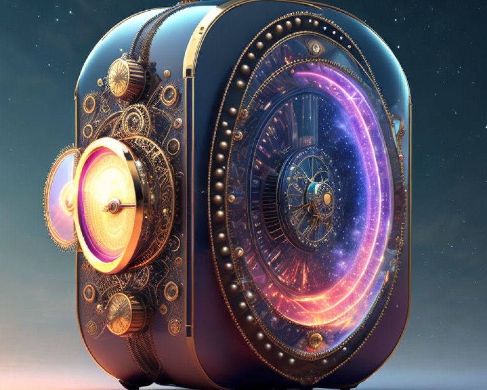 Steampunk-style cosmic clock with glowing galaxy and intricate gears