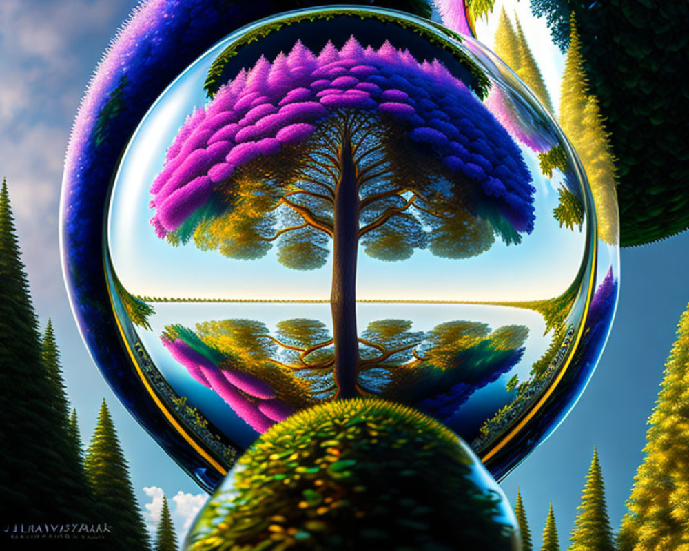 Colorful digital artwork of tree in crystal ball with conical trees and blue sky