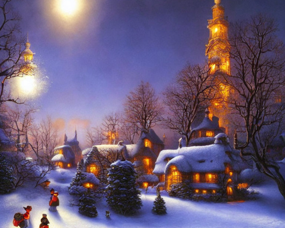 Snowy village at night: warmly lit houses, illuminated spire, people under full moon