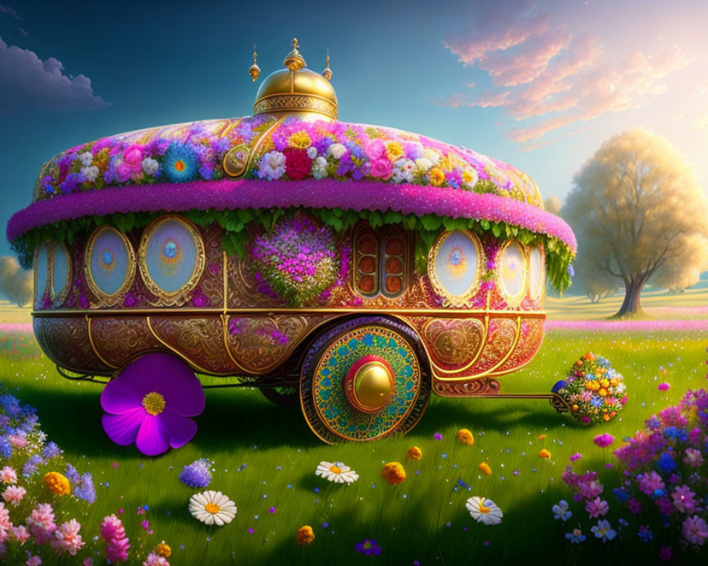 Flower-adorned caravan in lush meadow with golden ornaments