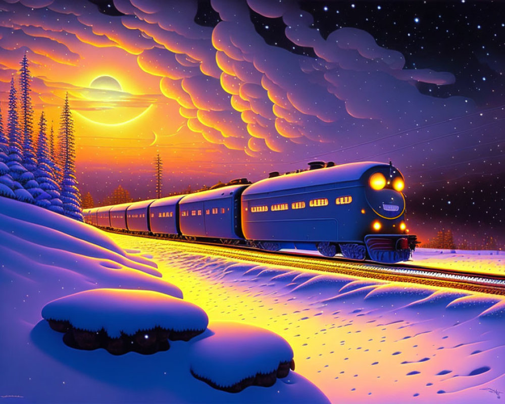 Vintage Train Night Scene: Snowy Landscape, Starry Sky, Crescent Moon