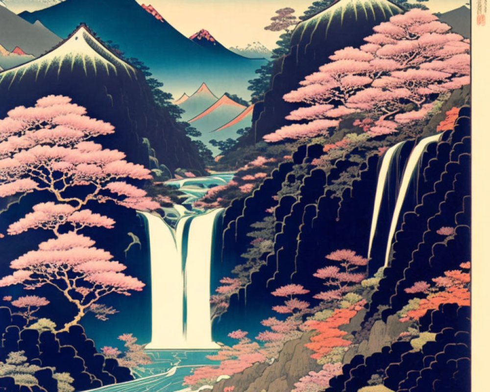 Japanese Woodblock Print: Pink Cherry Blossoms, Mountains, Waterfall