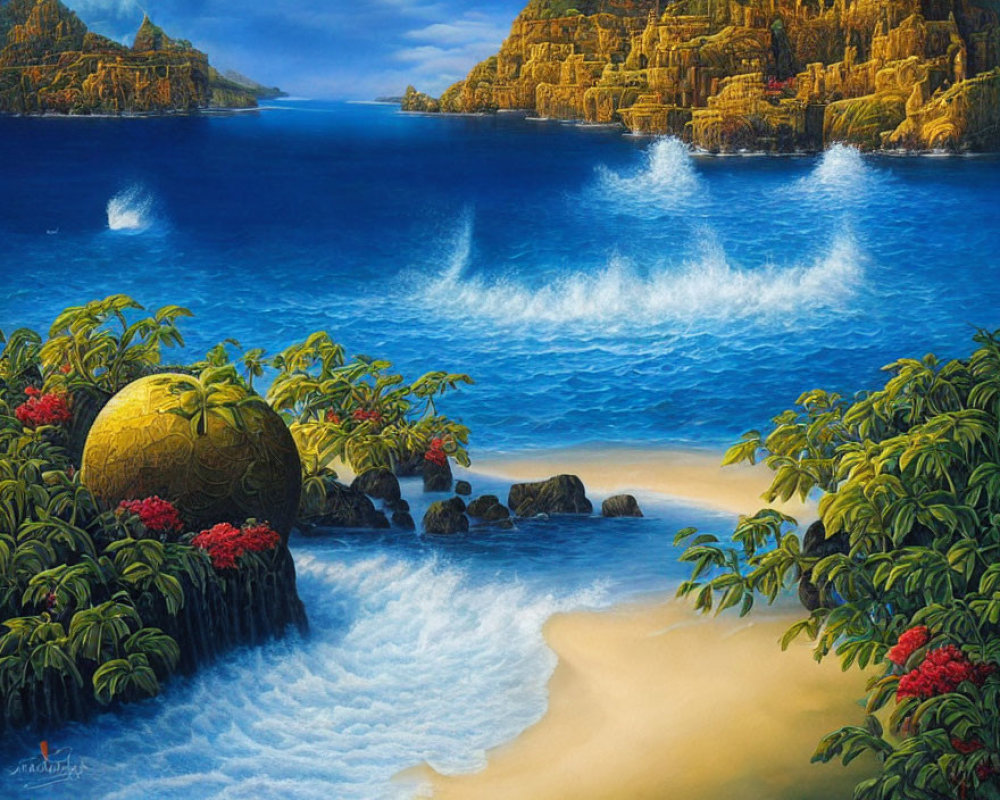 Scenic cove with golden cliffs, red flowers, and blue waves