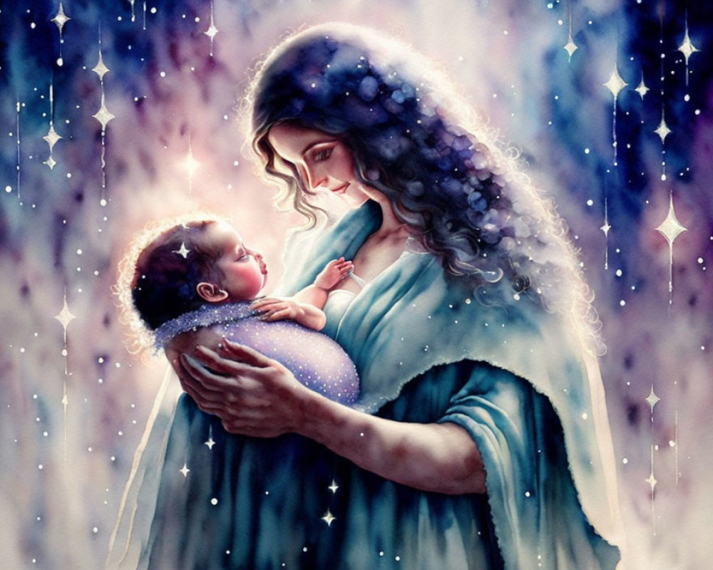 Portrait of Woman in Blue Garment Cradling Newborn with Cosmos Pattern Blanket among Stars