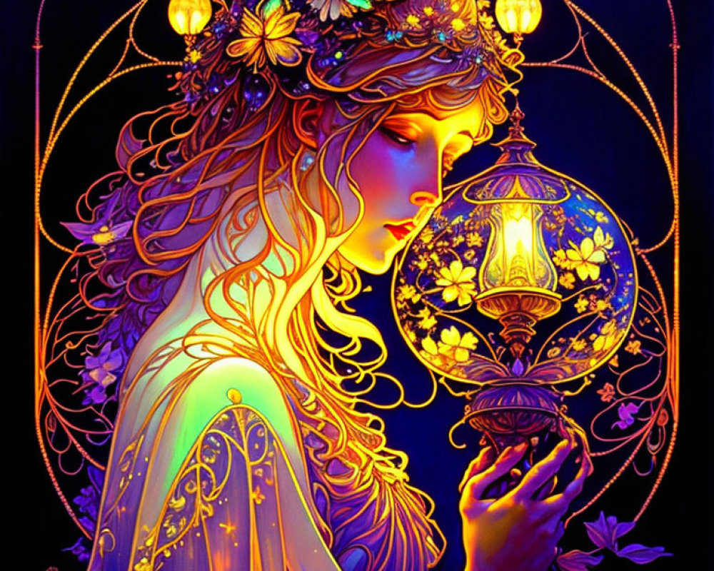 Detailed illustration of woman with flowing hair holding lantern, surrounded by glowing butterflies and intricate patterns on dark background