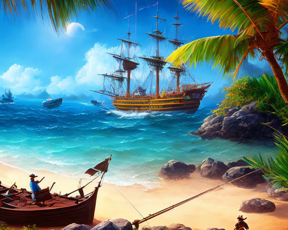 Tropical Cove Scene with Galleon, Pirates, and Palm Trees