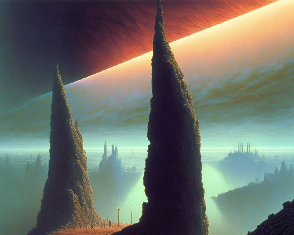 Surreal landscape with towering spires and ringed planet in sky