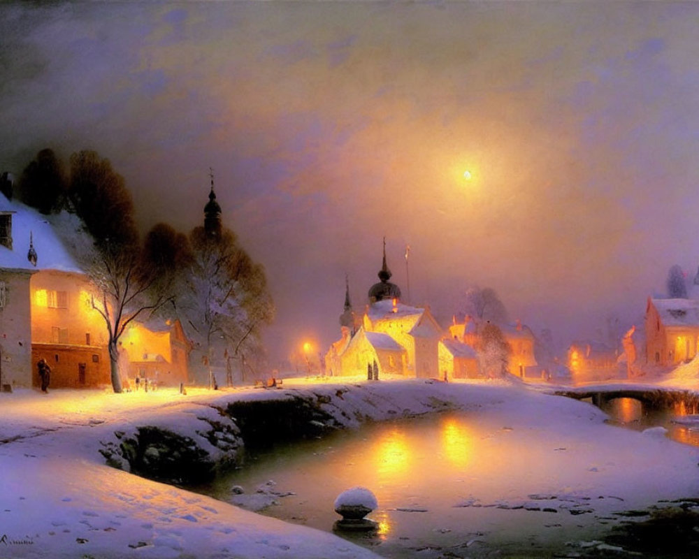 Snow-covered winter night scene with houses, church, and river reflections.