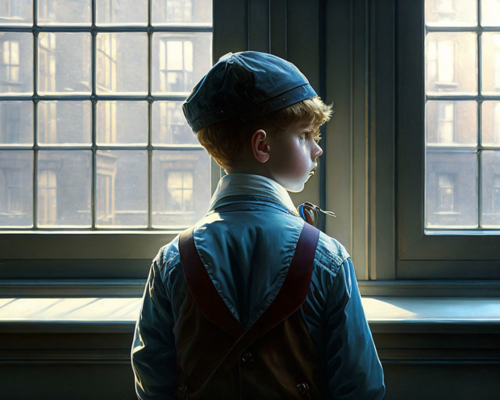 Young boy in blue jacket and cap looking out window with sunlight and shadows