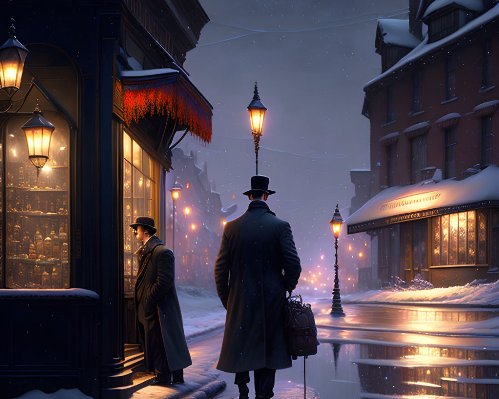 Man in fedora and trench coat gazes at warmly lit shop window on snowy, lamp-lit