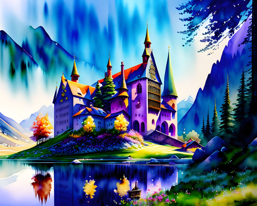 Colorful Illustration: Enchanting Castle by Lake, Mountains, Trees