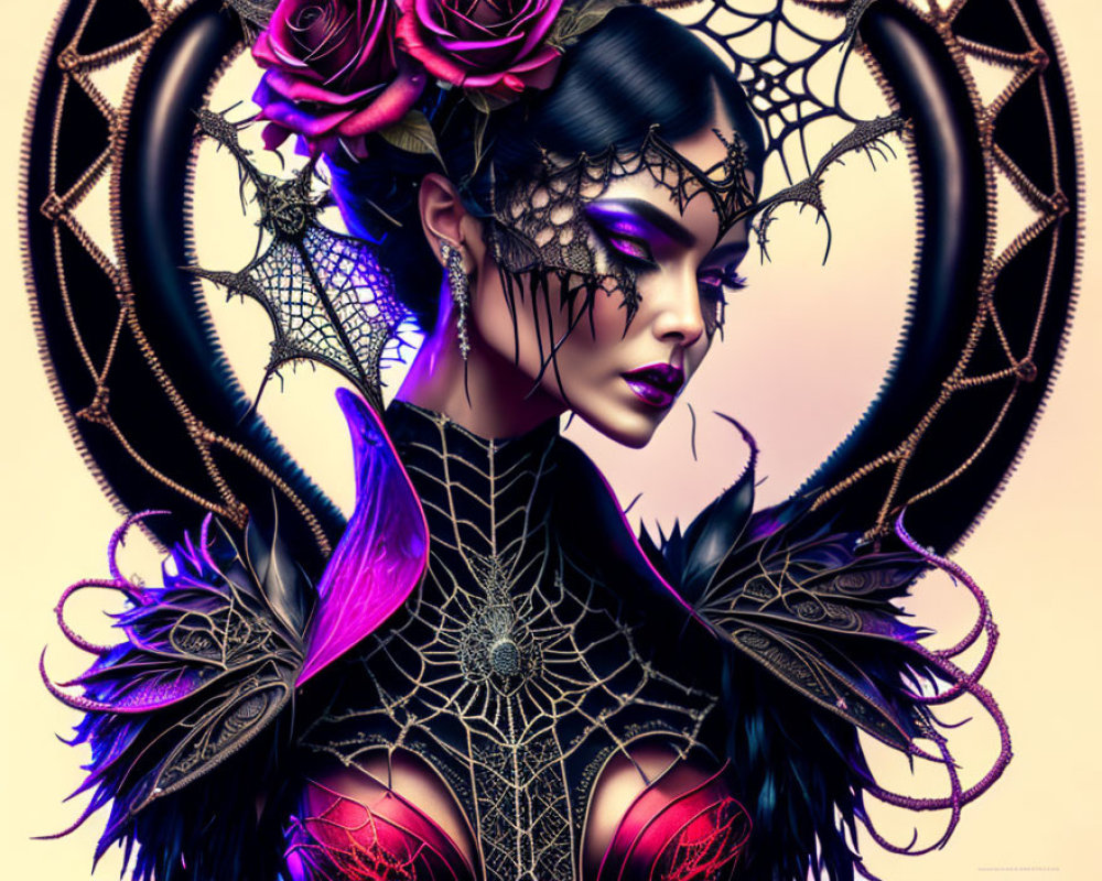 Detailed gothic portrait of a woman with intricate headgear, roses, web-like patterns, and dark