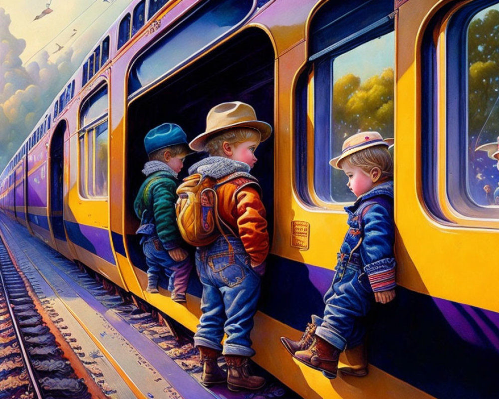 Three boys with hats and backpacks explore colorful train windows.