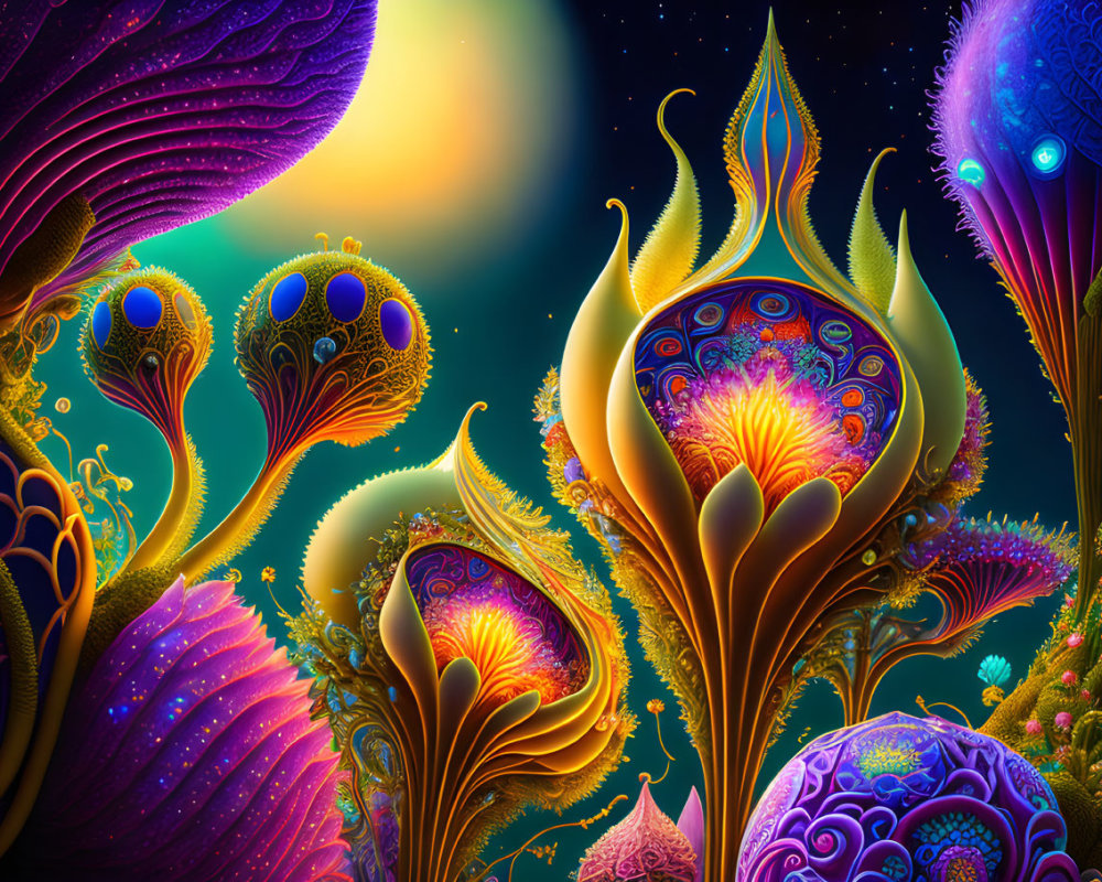 Colorful psychedelic illustration of intricate flora on cosmic background