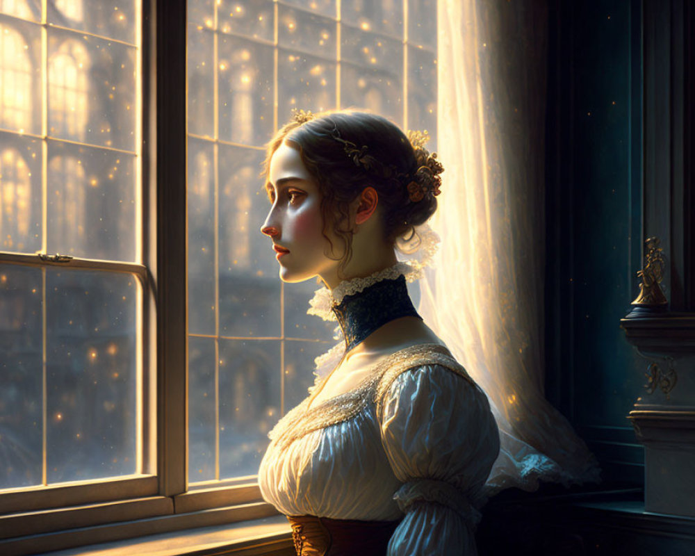 Historical woman looking out window in sunlight with floating dust particles