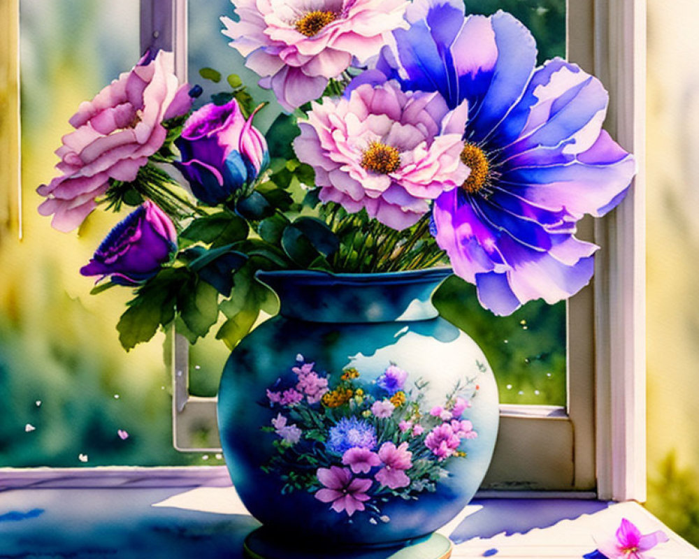 Colorful Purple and Pink Flowers in Blue Vase on Windowsill with Sunny View