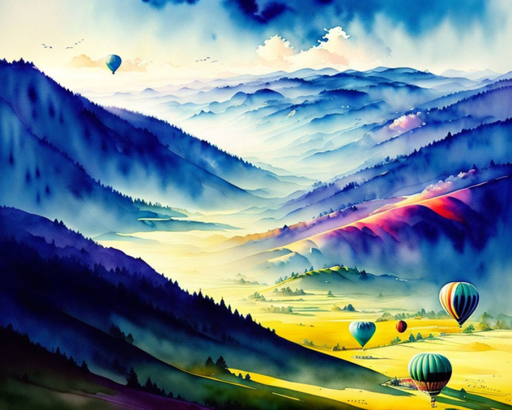 Colorful Watercolor Landscape: Rolling Hills, Mountain Ranges, Sunrise, Hot Air Balloons