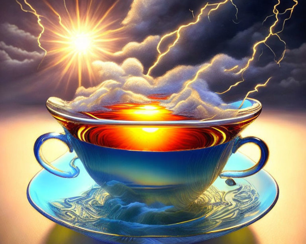 Surreal image of sky in teacup with sun, clouds, and lightning