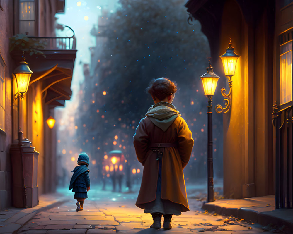 Child in coat gazes down snow-covered street at night