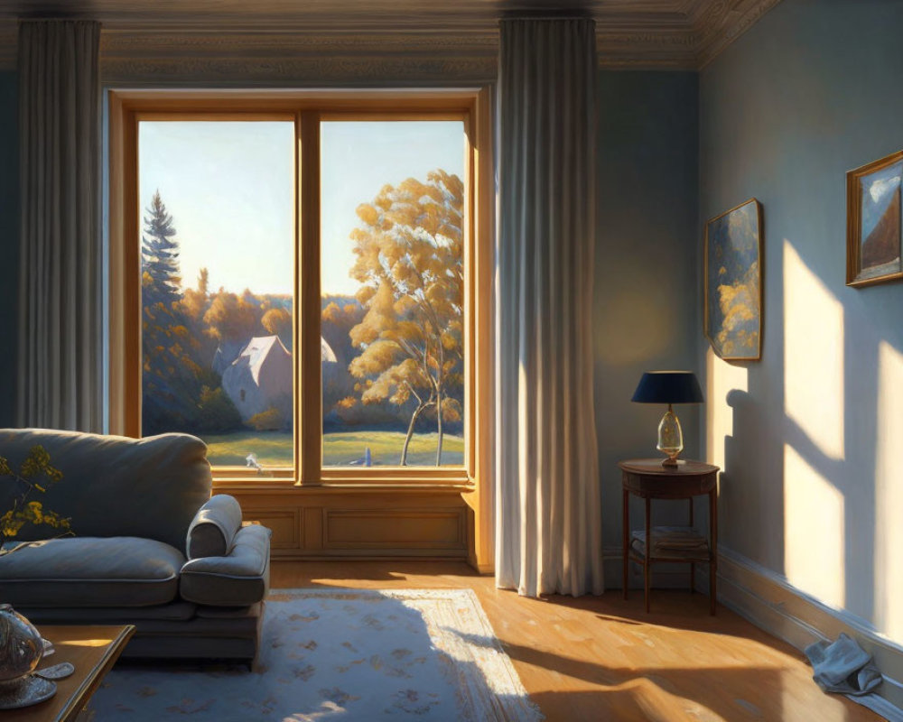 Elegant room with sofa, table, lamp, and paintings in warm sunlight.