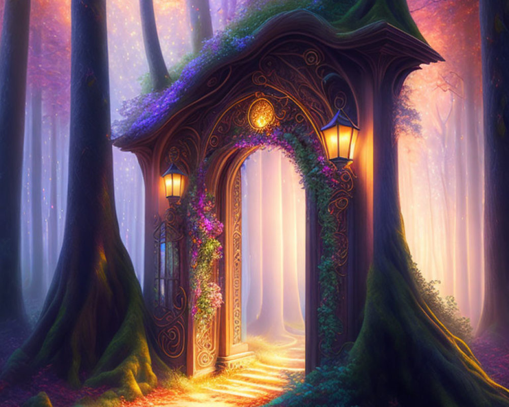 Enchanting forest scene with mystical doorway, glowing lanterns, and floral vines at twilight