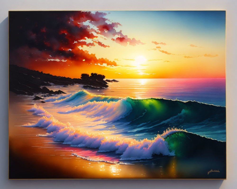 Colorful Coastal Sunset Painting with Fiery Clouds and Radiant Sun