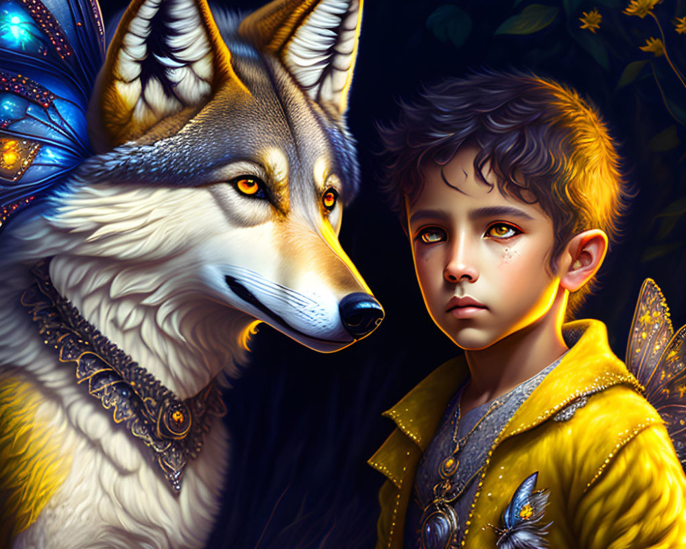 Yellow-Clad Boy with Winged Wolf in Mystical Glow