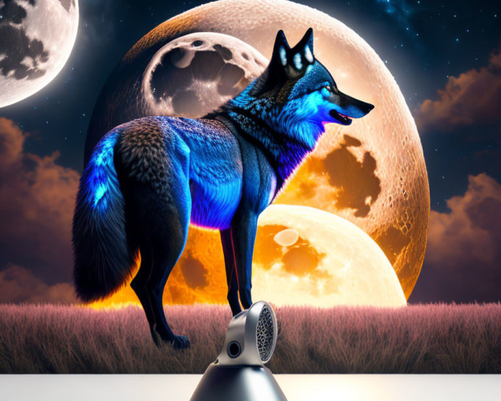 Neon blue wolf on speaker with oversized moons in starry sky