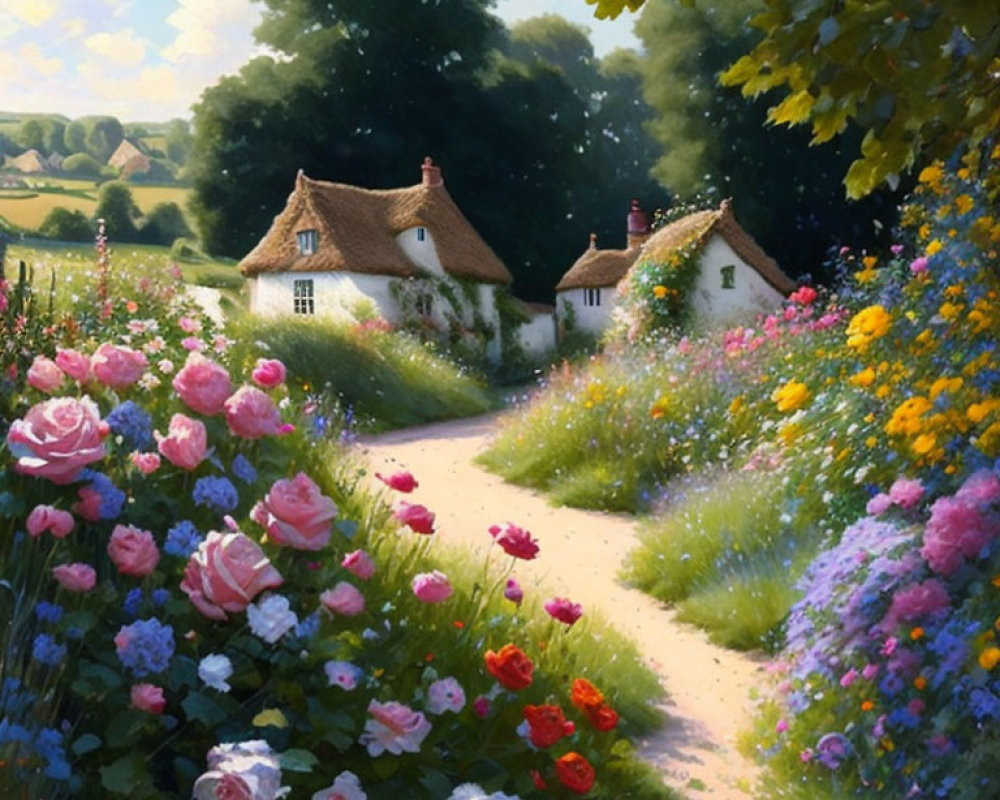 Scenic country path with vibrant flowers and thatched-roof cottages