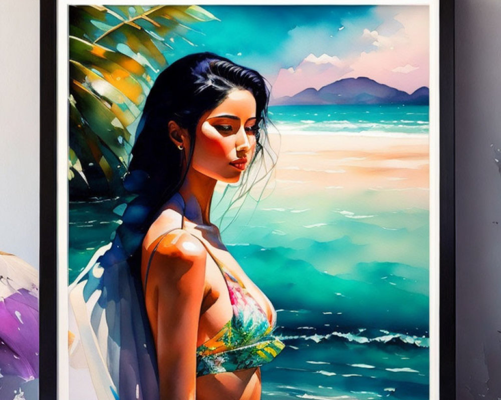 Colorful painting of a woman on a beach with teal and orange hues displayed on a wall