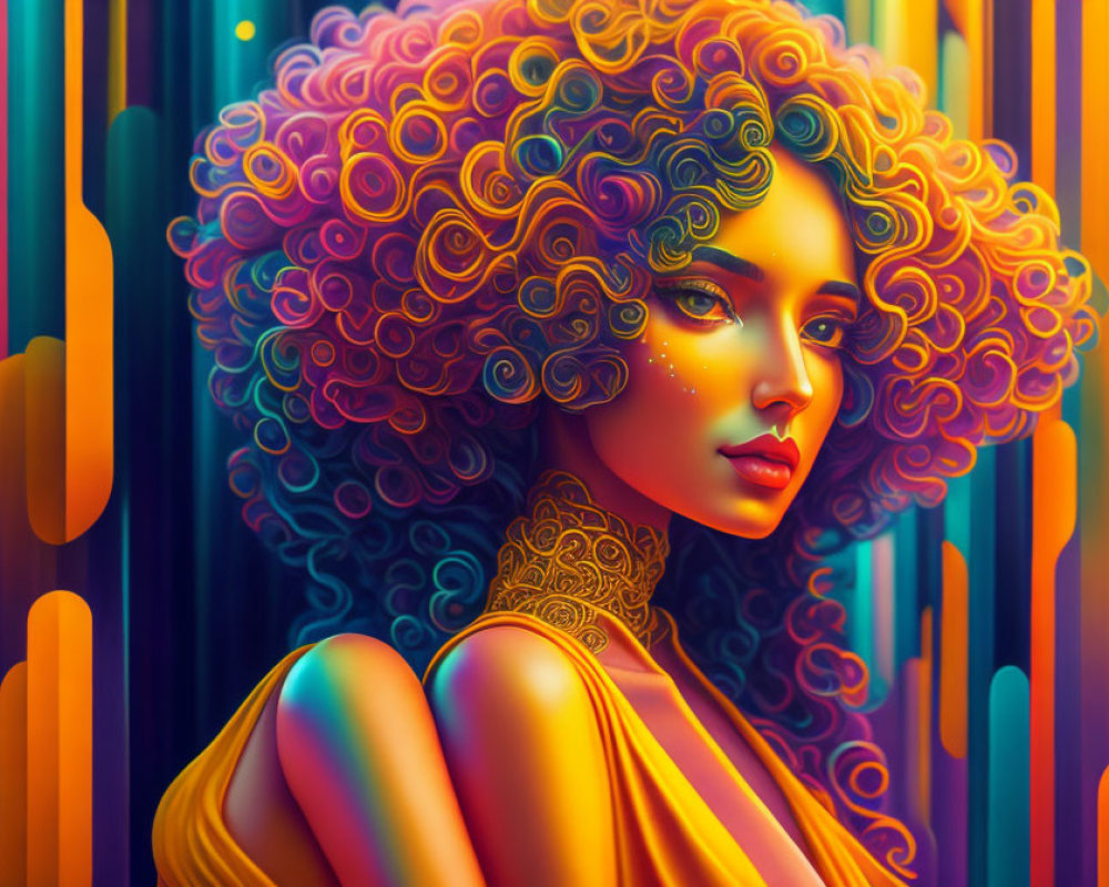 Vibrant illustration of woman with curly hair and golden tattoos on abstract background