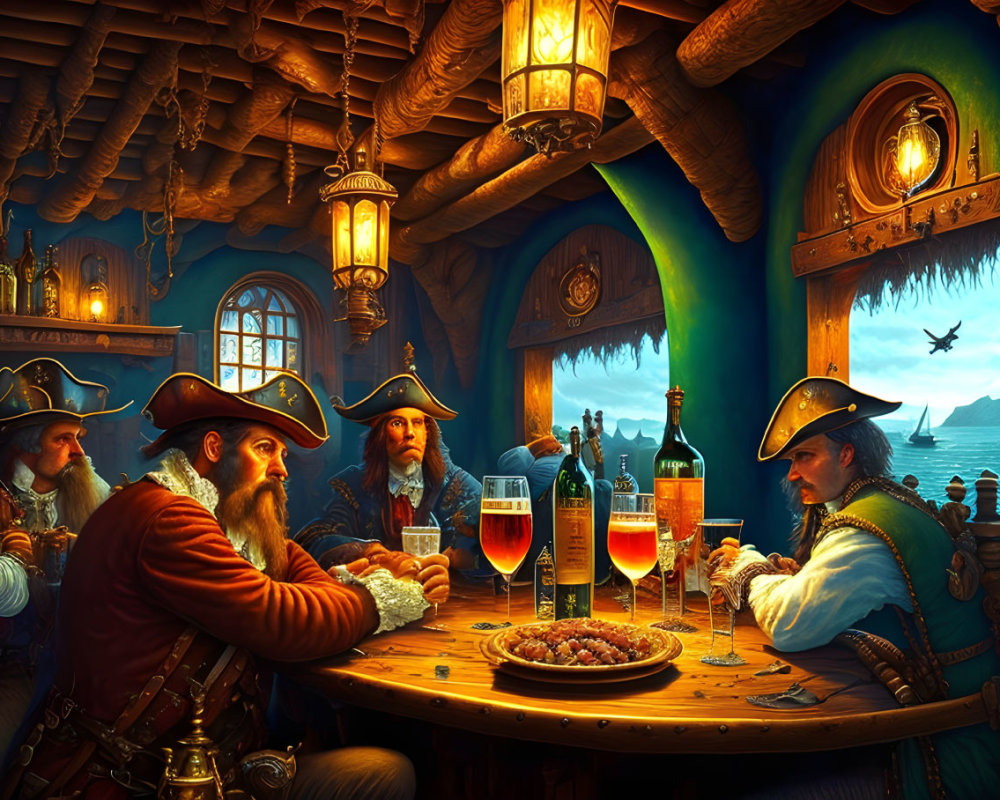 Pirates in Tricorn Hats Drinking and Conversing in Wooden Cabin