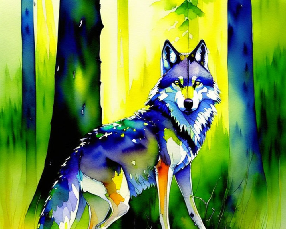 Colorful Watercolor Painting: Wolf in Whimsical Forest