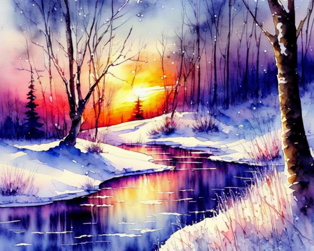 Winter sunset watercolor painting: snow-covered landscape, bare trees, calm river reflections