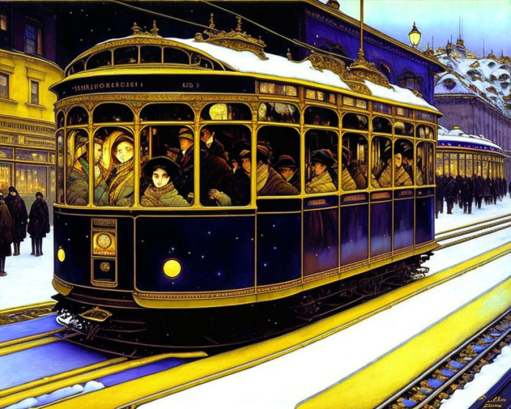 Detailed Illustration of Ornate Tram in Snowy Setting with Passengers and Pedestrians at