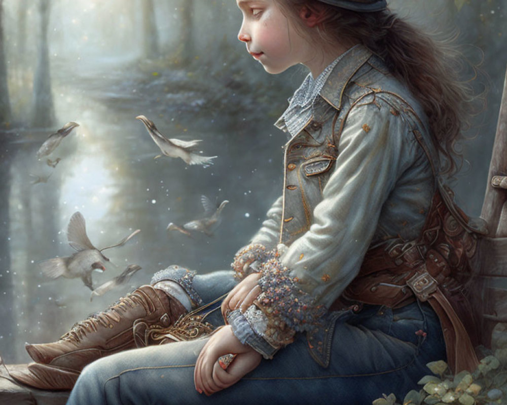 Girl in Denim Outfit Sitting by Water with Flying Birds in Misty Forest