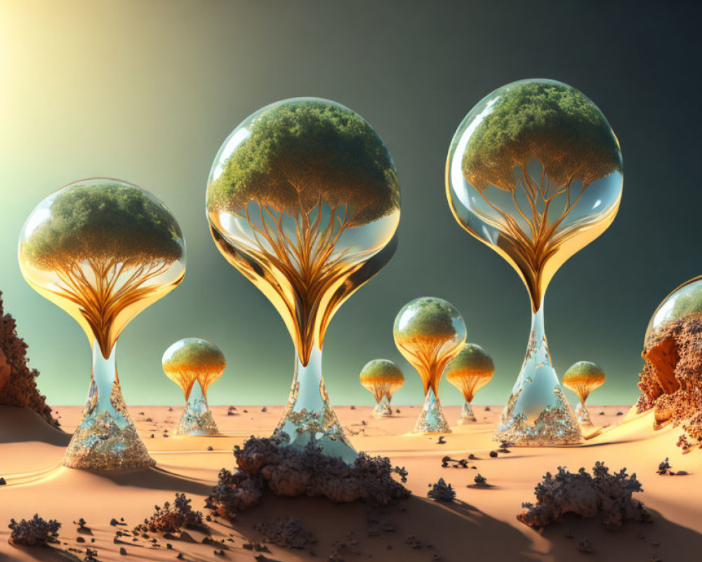 Surreal landscape: Glass orbs on desert with trees