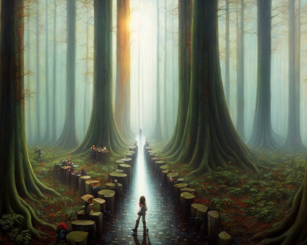 Tranquil forest path with misty ambiance and figures among large trees