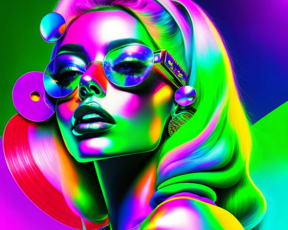 Colorful digital artwork: Woman with neon hair, sunglasses, glossy lips on vibrant backdrop