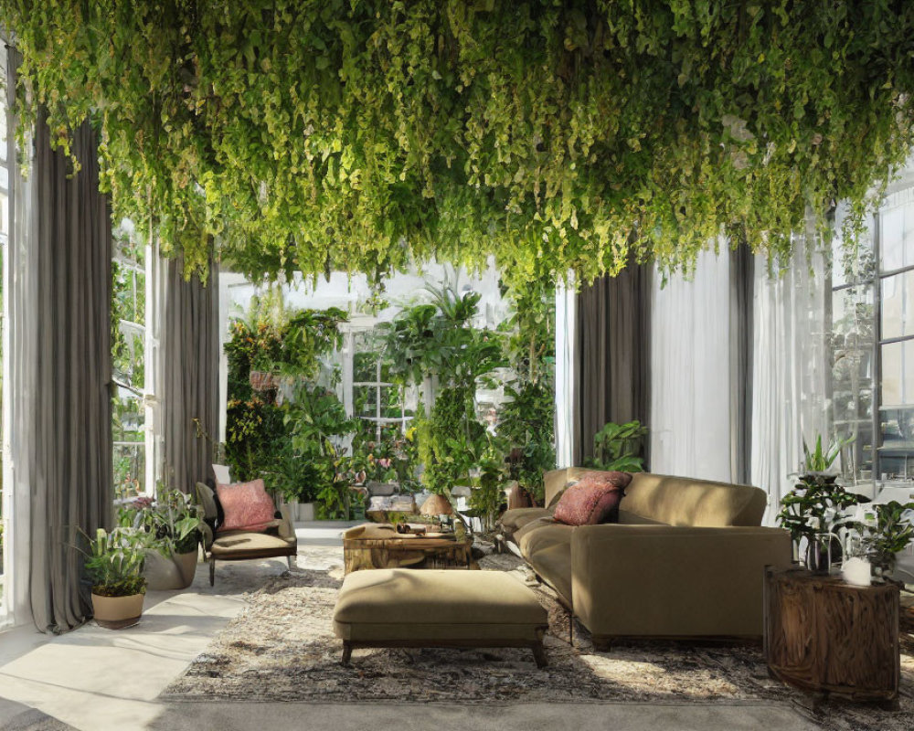 Bright living room with green plants, pink cushions, and large windows