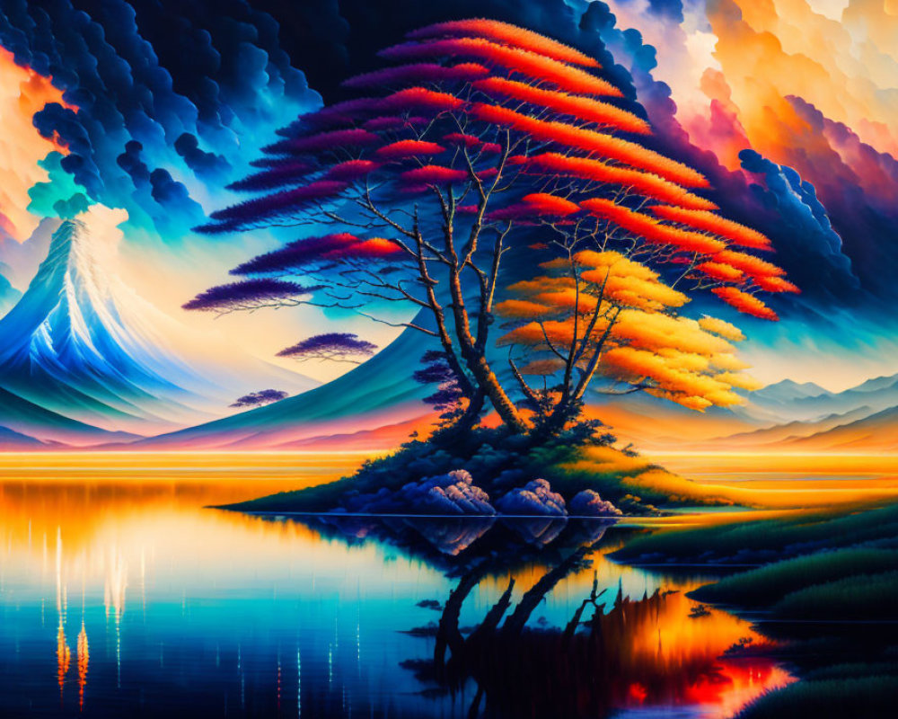 Colorful Tree, Reflective Lake, Snow-Capped Mountain: Surreal Landscape Art