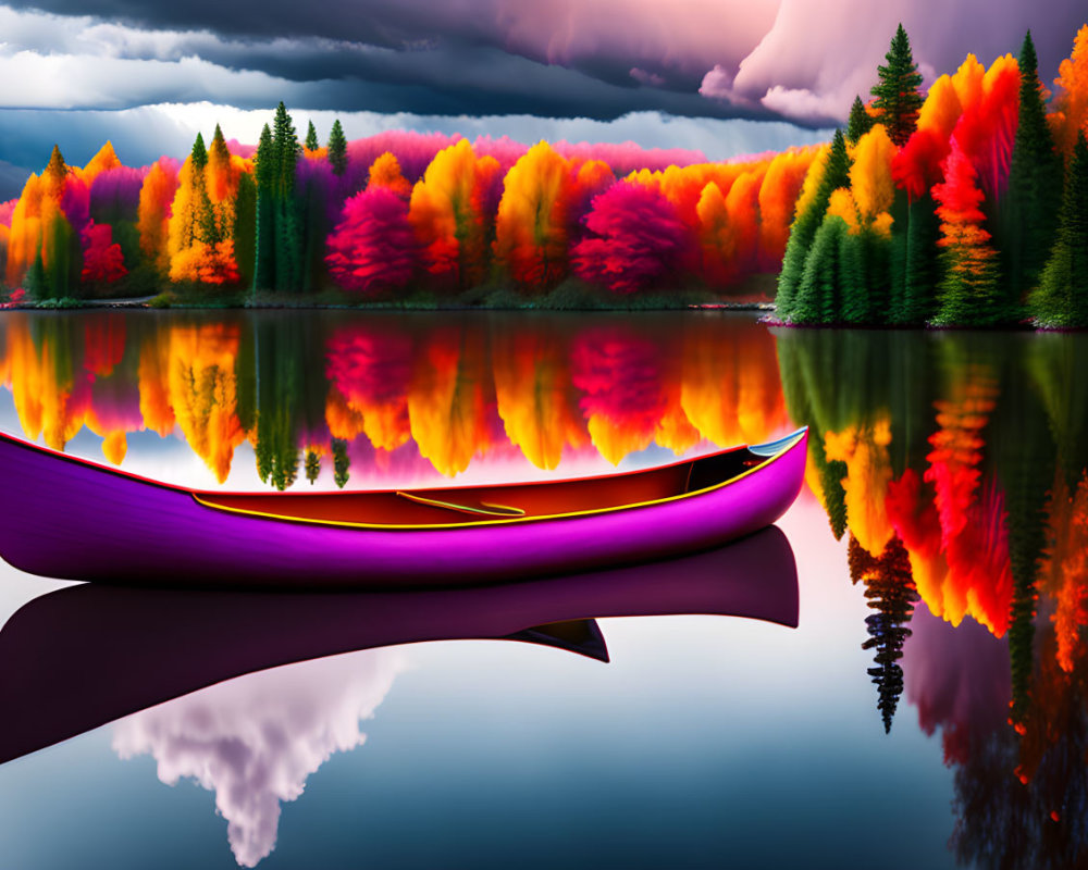 Purple Canoe on Calm Lake with Autumn Trees Reflections