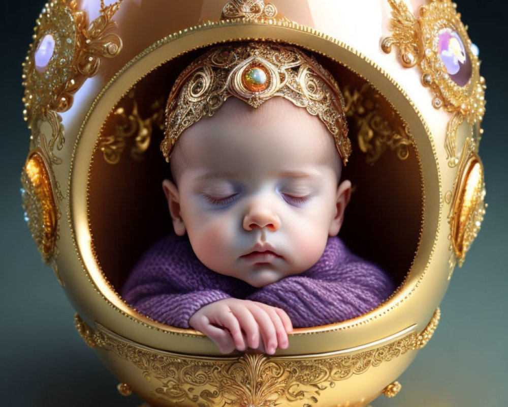 Infant sleeping in purple cloth inside ornate Fabergé egg-style ornament