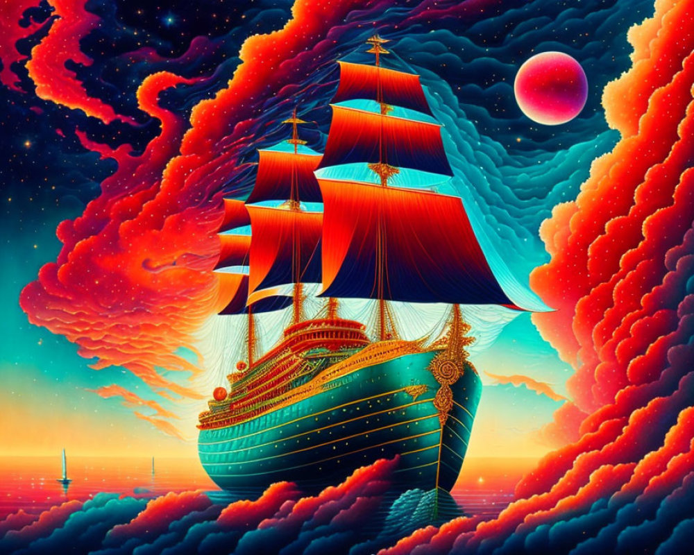 Surreal seascape with ornate sailing ship and fantastical sky