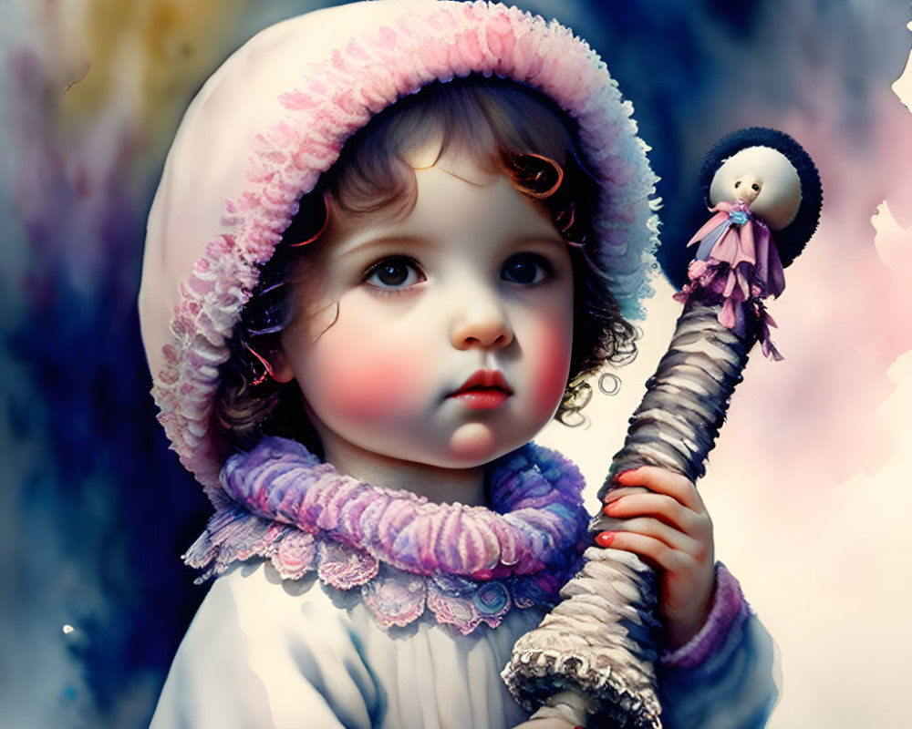 Digital illustration of young child in cloak with whimsical staff on cloudy background