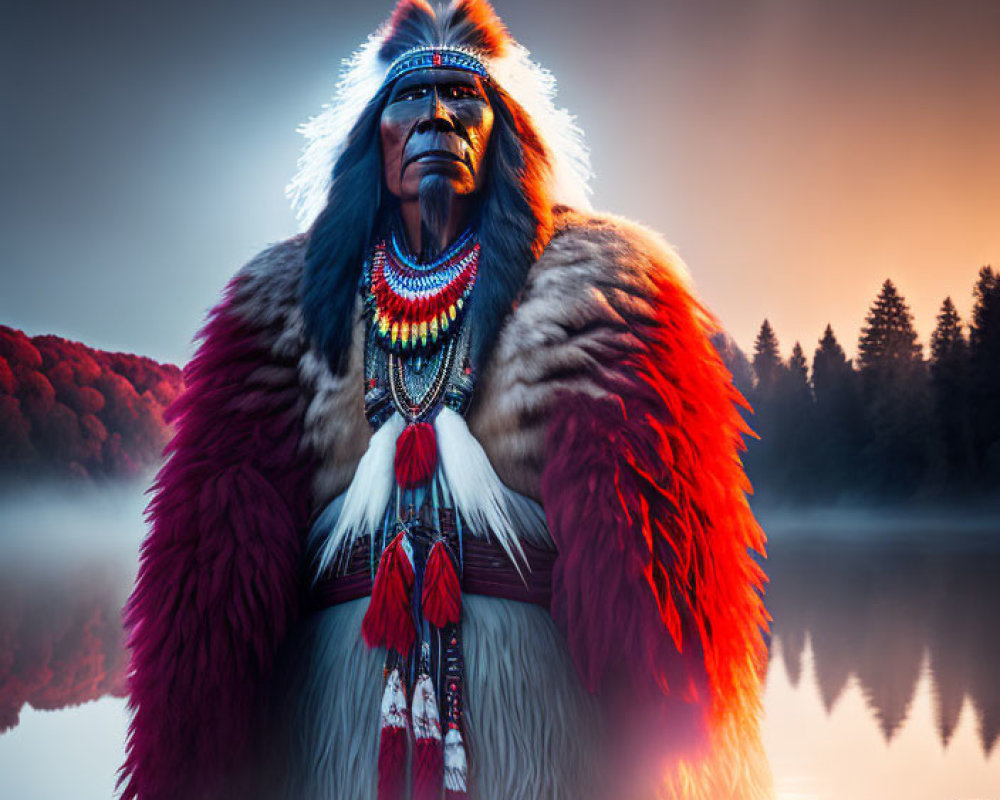 Native American headdress and fur at misty lake with trees at sunrise or sunset