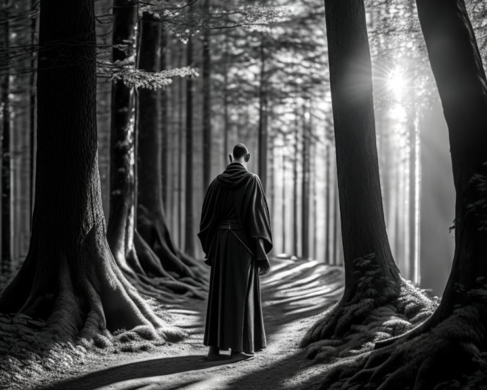 Solitary figure in robe walking through snowy forest