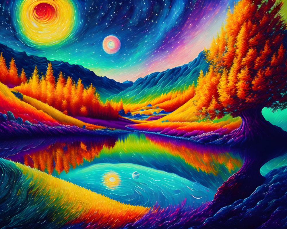 Colorful landscape painting: swirling skies, autumn trees, reflecting river, mountains, cosmic backdrop