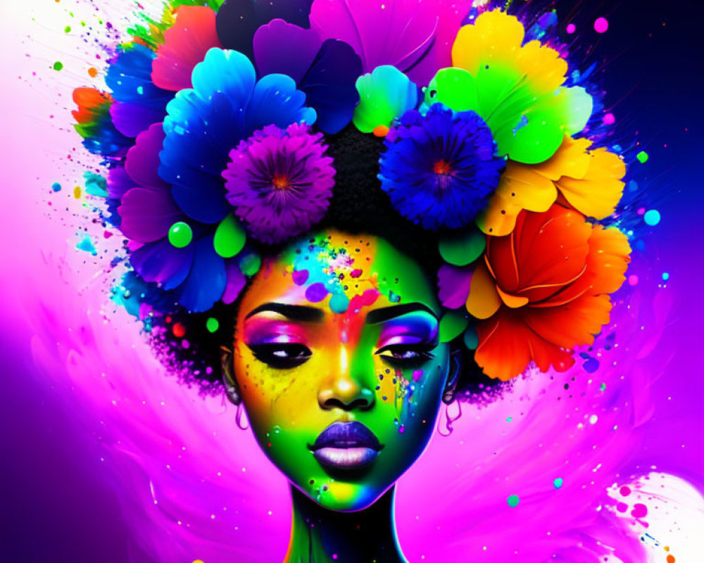 Colorful Floral Headpiece Woman Artwork on Dark Background