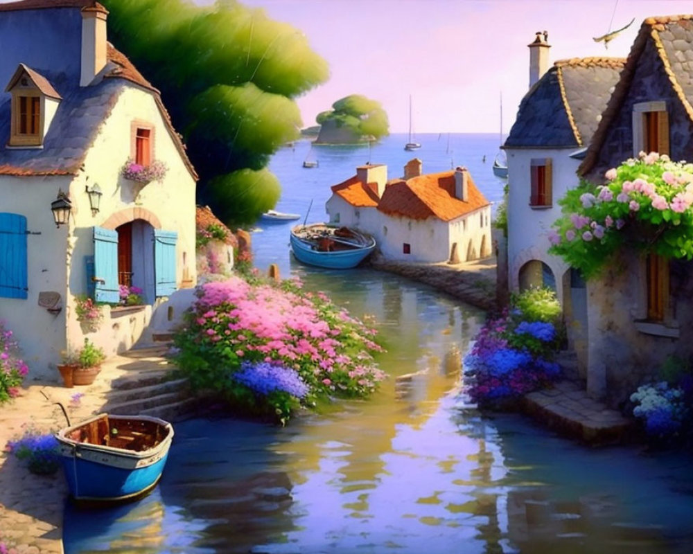 Charming village scene with cobblestone path, flowers, canal, and sea view